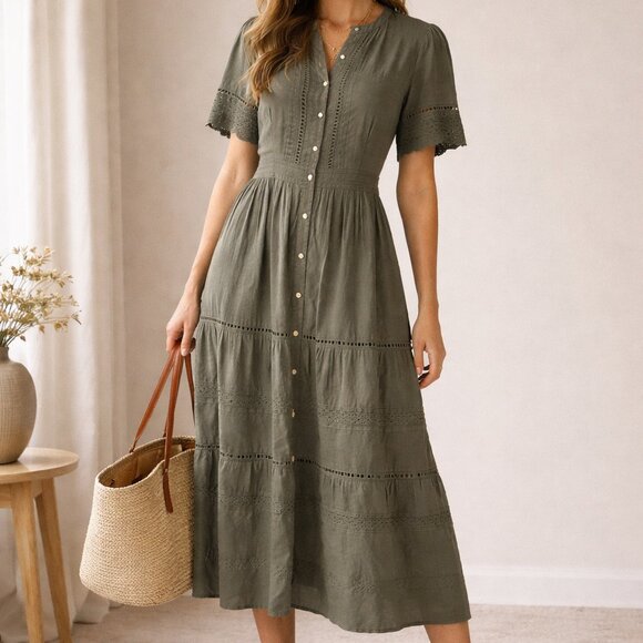 GAP Dresses & Skirts - Gap Olive Green Button Front Midi Dress Cottagecore Boho Prairie Tiered XL